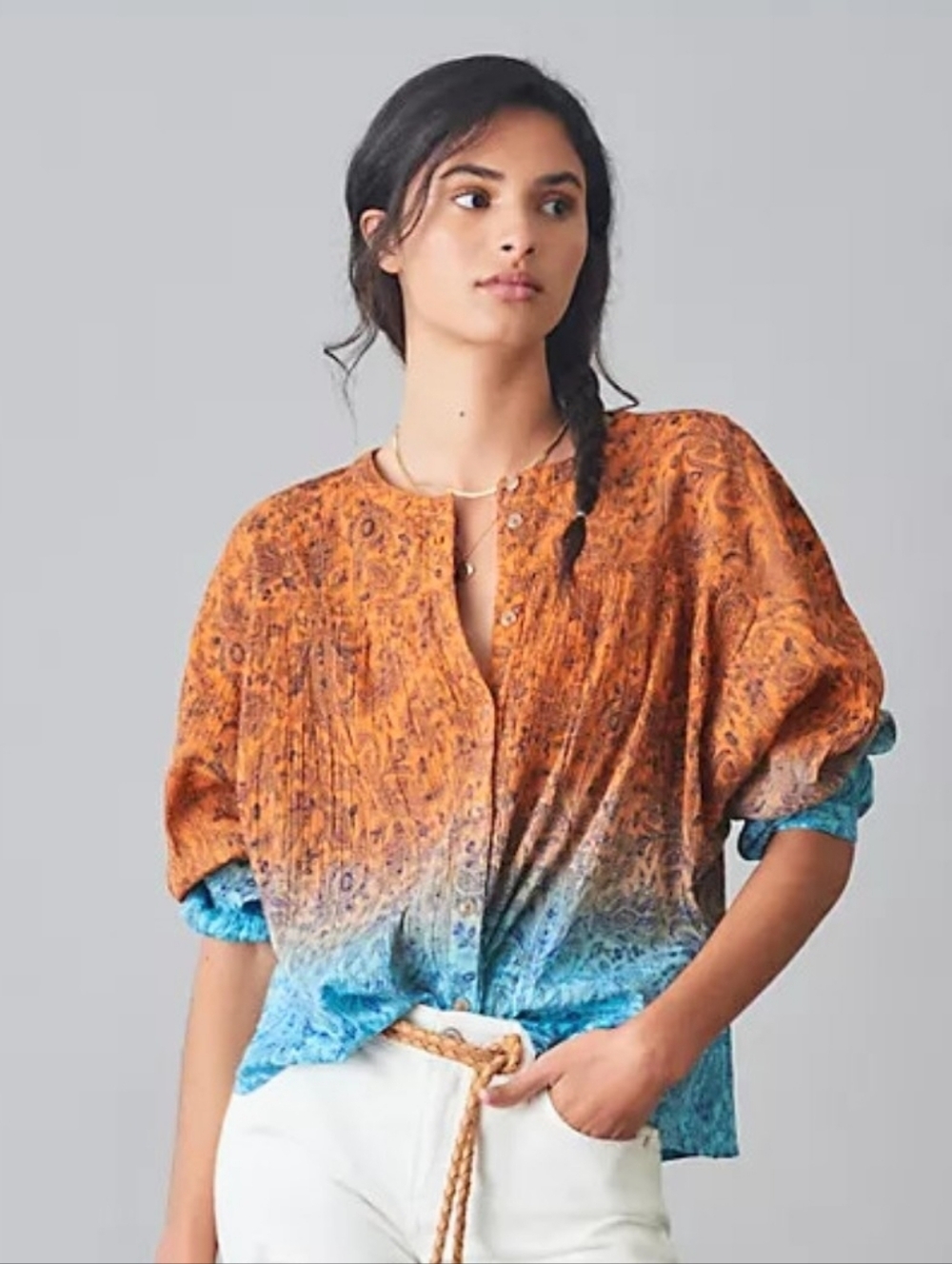 Pilcro Top Mustard and Navy Paisley Ombre Button Front